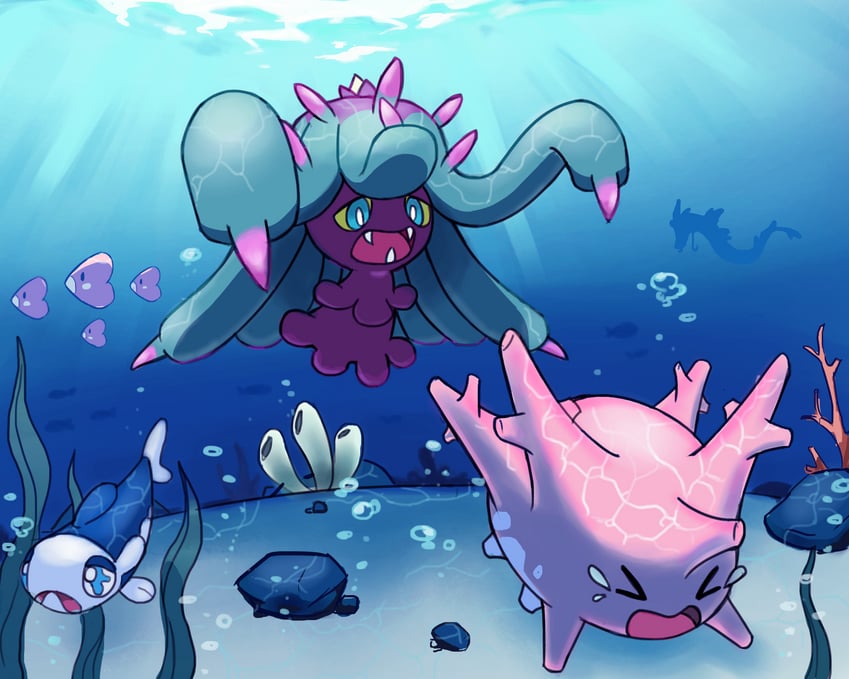 gyarados, luvdisc, wishiwashi, corsola, and mareanie (pokemon) drawn by chunnieart