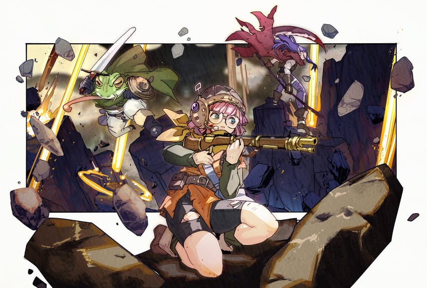 lucca ashtear, frog, and magus (chrono trigger) drawn by narita_imomushi