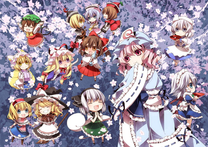 hakurei reimu, kirisame marisa, izayoi sakuya, konpaku youmu, alice margatroid, and 8 more (touhou and 1 more) drawn by moru