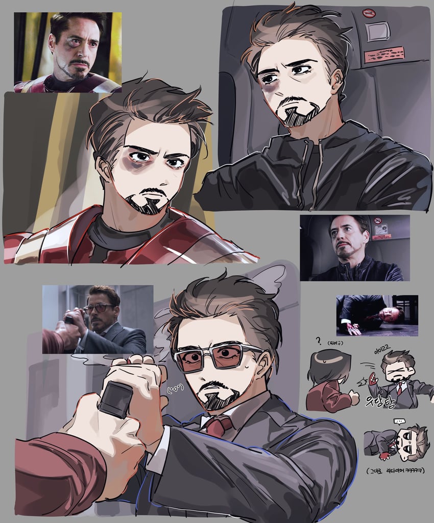 tony stark, iron man, bucky barnes, and robert downey jr. (marvel and 3 more) drawn by chjjlold