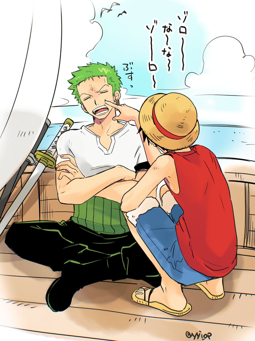 monkey d. luffy and roronoa zoro (one piece) drawn by yayoi_(yyi_op)