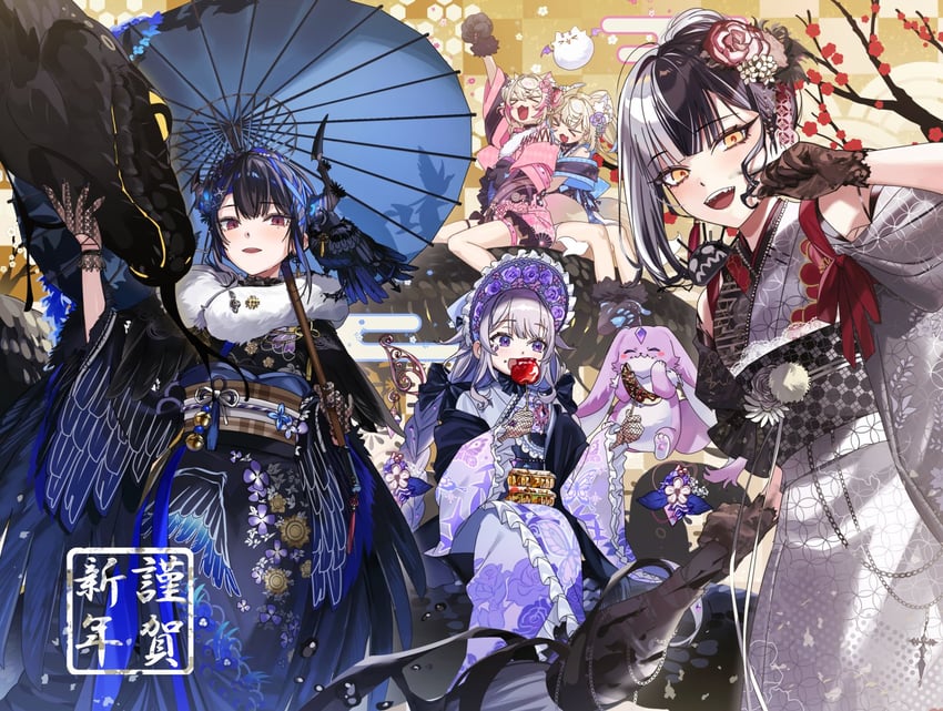 shiori novella, nerissa ravencroft, fuwawa abyssgard, mococo abyssgard, koseki bijou, and 3 more (hololive and 1 more) drawn by yomosaka