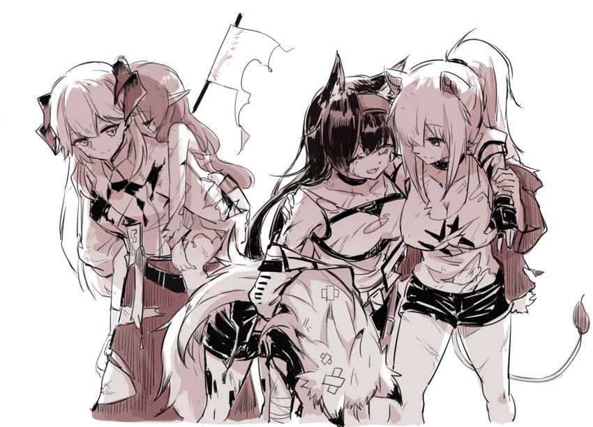 lappland, saria, siege, blaze, and myrtle (arknights) drawn by nejikyuu