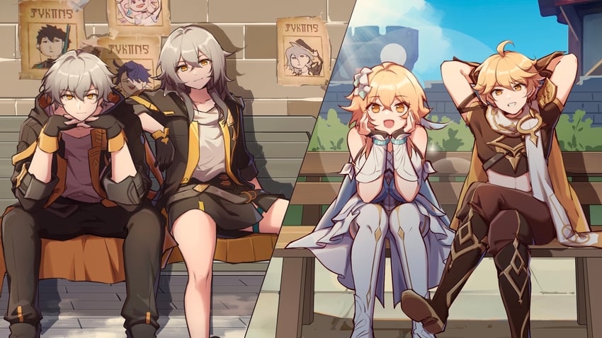 lumine, trailblazer, aether, stelle, march 7th, and 3 more (genshin impact and 3 more) drawn by xinzhizhu