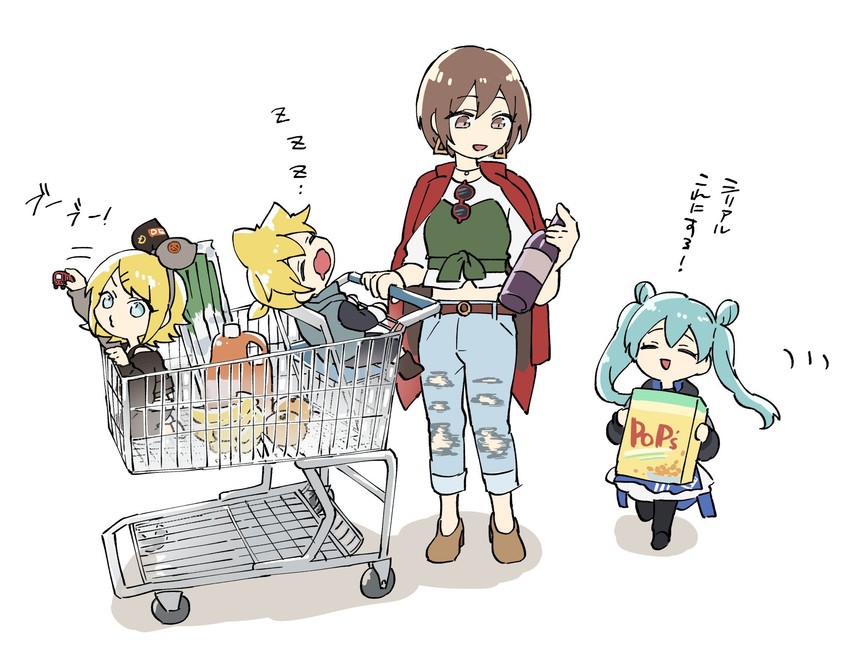 hatsune miku, kagamine rin, kagamine len, meiko, vivid bad squad miku, and 3 more (vocaloid and 1 more) drawn by hazuki_015