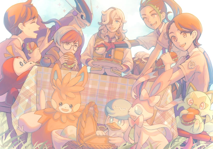 juliana, sylveon, florian, sprigatito, nemona, and 6 more (pokemon and 1 more) drawn by twilight_yuuhi