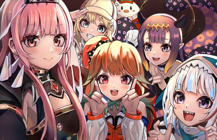 gawr gura, mori calliope, ninomae ina'nis, takanashi kiara, watson amelia, and 1 more (hololive and 1 more) drawn by cappu