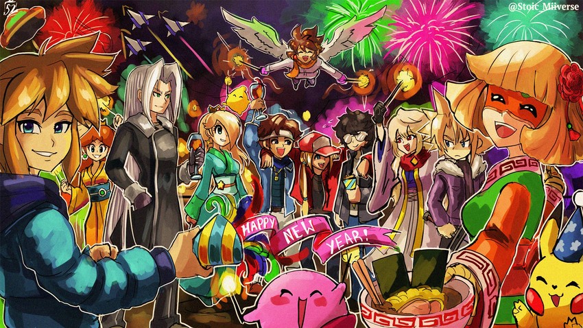 link, pikachu, cloud strife, kirby, sephiroth, and 8 more (pokemon and 21 more) drawn by stoic_seraphim
