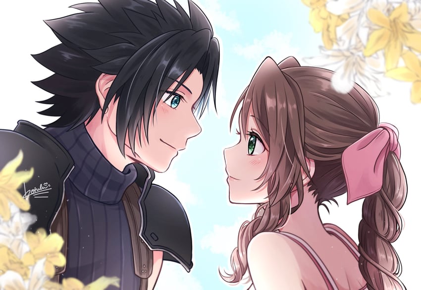 aerith gainsborough and zack fair (final fantasy and 2 more) drawn by kt9_ct