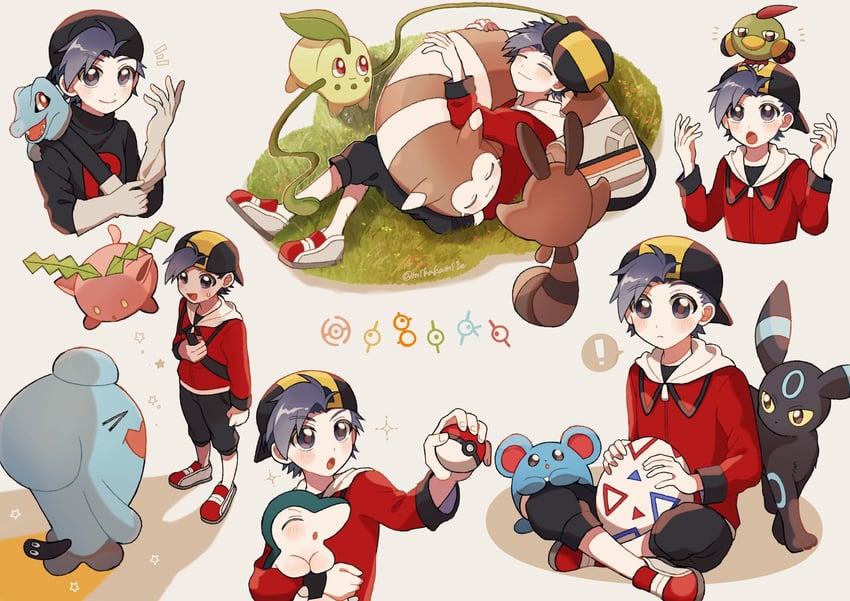 ethan, umbreon, cyndaquil, chikorita, totodile, and 11 more (pokemon and 1 more) drawn by mikakami1e