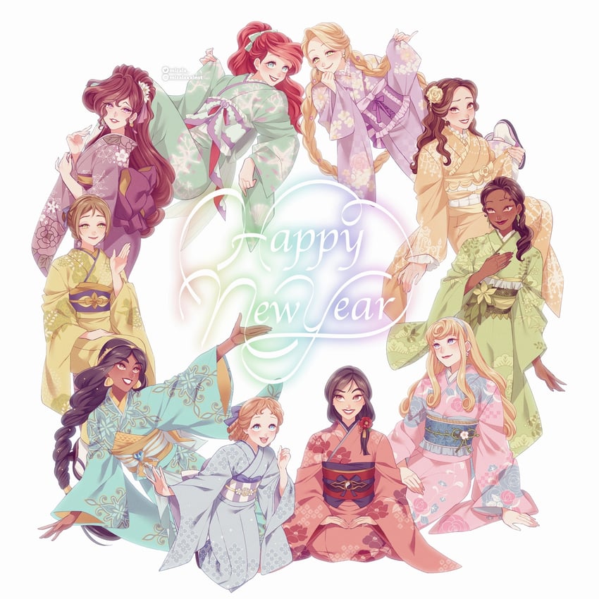 ariel, rapunzel, jasmine, belle, aurora, and 5 more (disney and 11 more) drawn by mizala