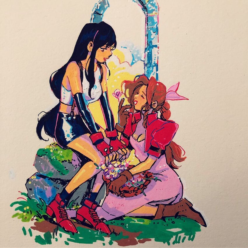 tifa lockhart and aerith gainsborough (final fantasy and 1 more) drawn by leslie_hung