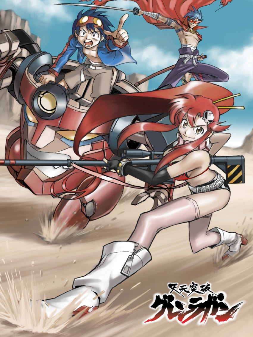 yoko littner, simon, kamina, and lagann (tengen toppa gurren lagann) drawn by yusao