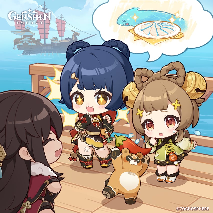 beidou, xiangling, guoba, and yaoyao (genshin impact)