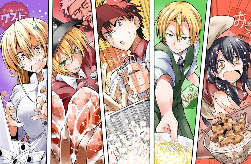 nakiri erina, yukihira souma, mito ikumi, tadokoro megumi, and takumi aldini (mcdonald's and 2 more) drawn by bibi02