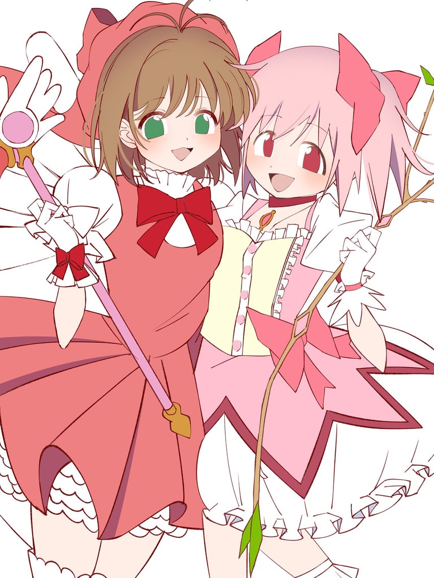 kaname madoka and kinomoto sakura (mahou shoujo madoka magica and 1 more) drawn by komori_er