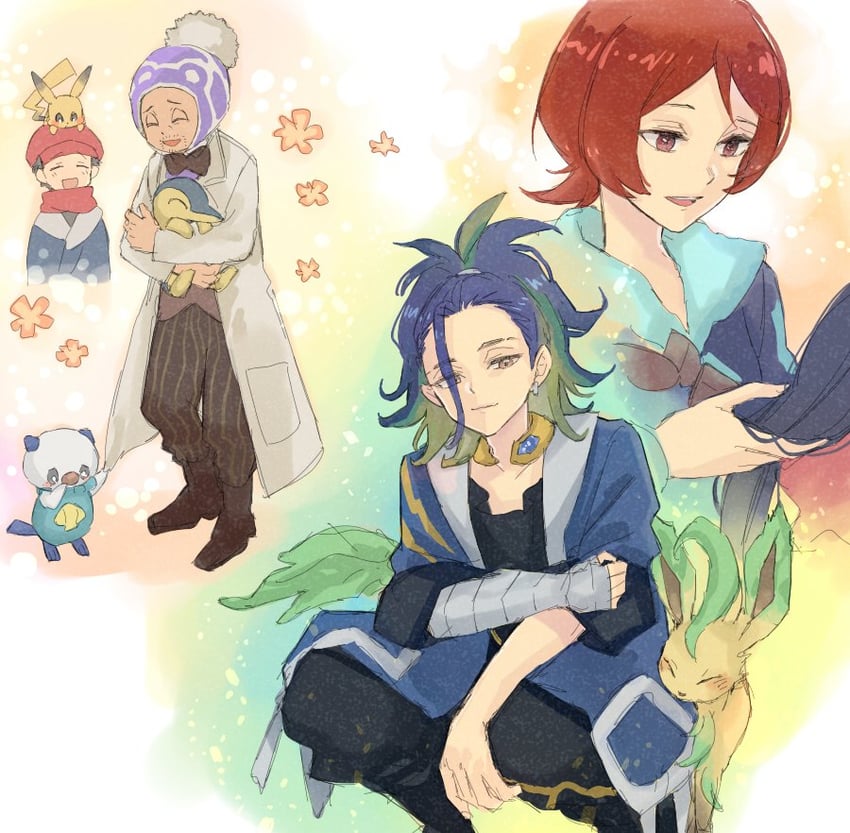 pikachu, oshawott, leafeon, cyndaquil, rei, and 3 more (pokemon and 1 more) drawn by hani_(udauda)