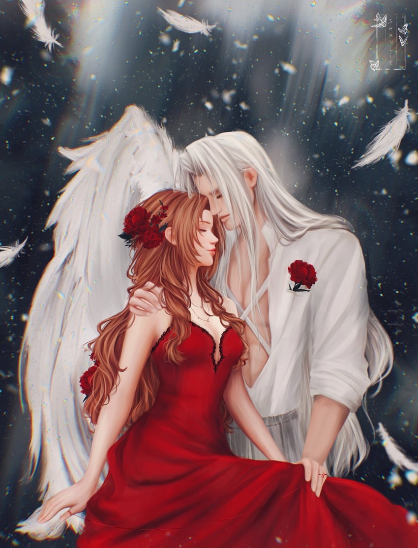 aerith gainsborough and sephiroth (final fantasy and 2 more) drawn by shanlieart