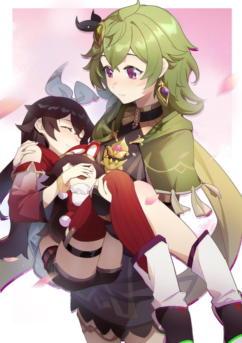 amber, collei, and baron bunny (genshin impact) drawn by hokushuu