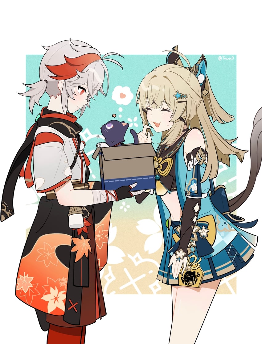 kaedehara kazuha, kirara, and scaramouche (genshin impact) drawn by touxin_0316