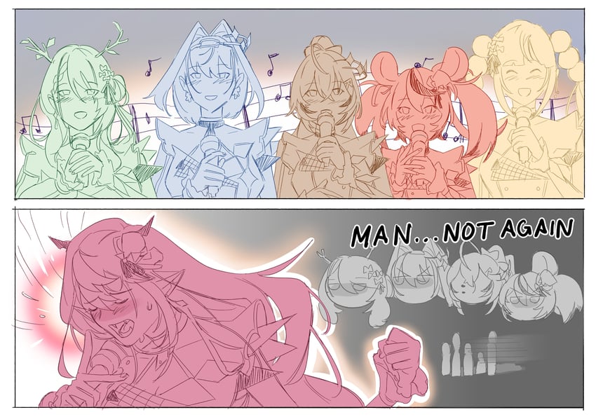 ouro kronii, nanashi mumei, hakos baelz, ceres fauna, irys, and 1 more (hololive and 1 more) drawn by elisbian