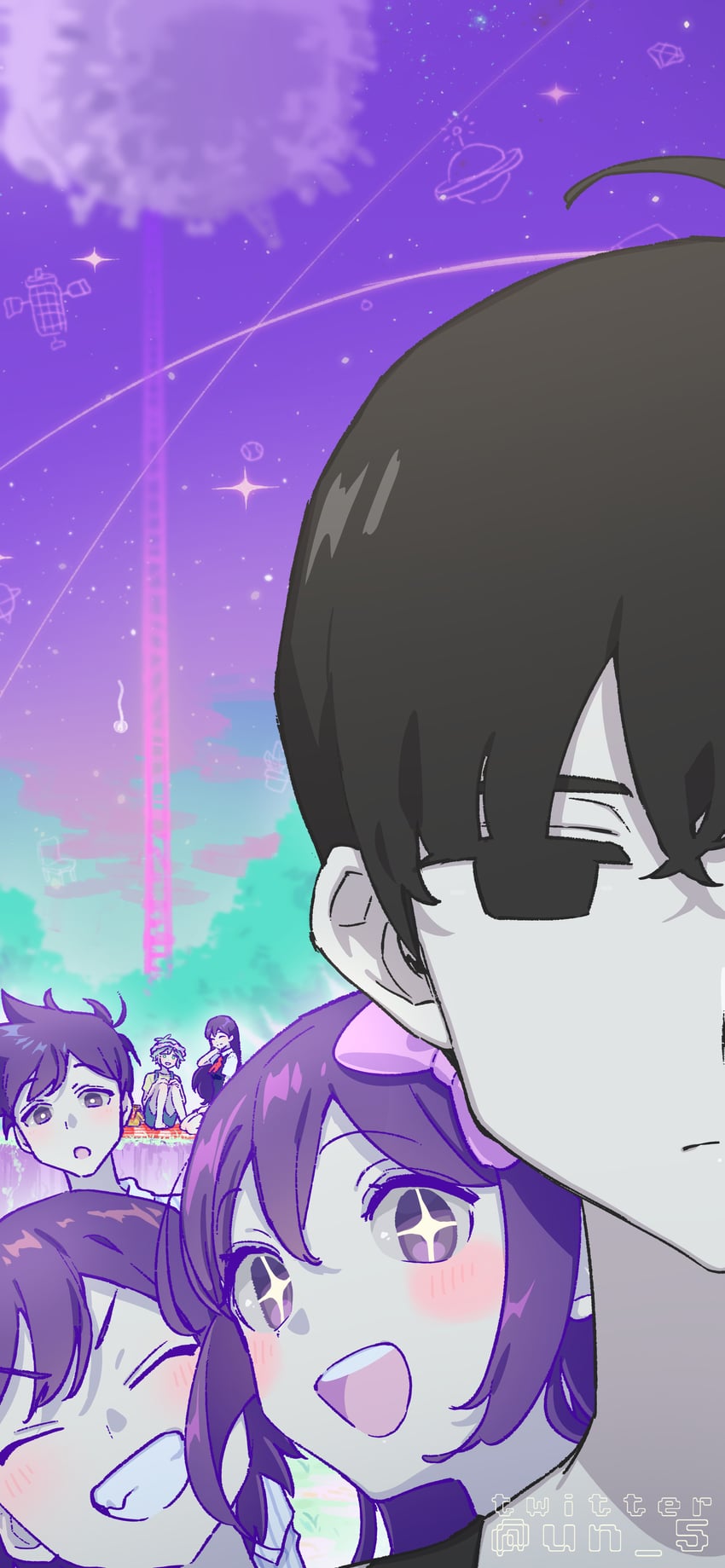 omori, aubrey, mari, kel, and hero (omori) drawn by tendoshi