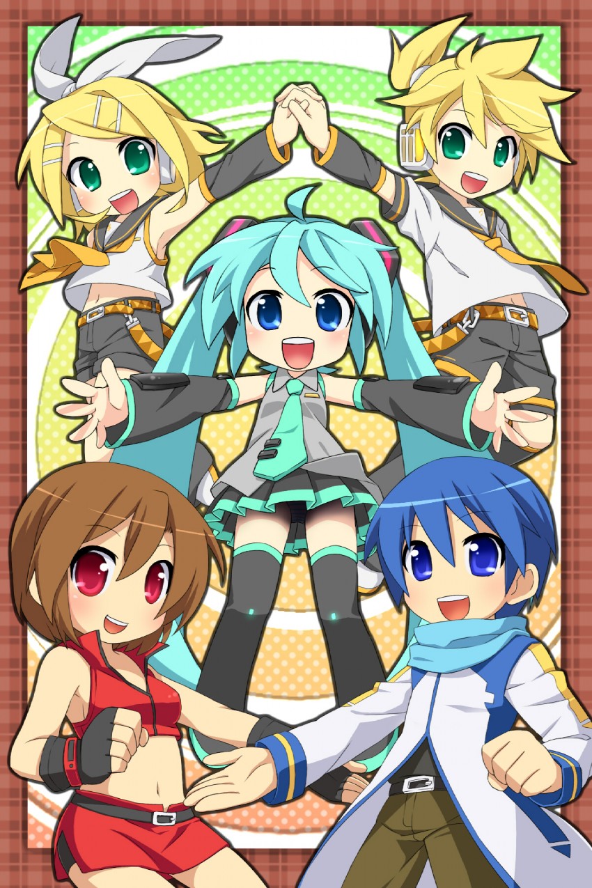 hatsune miku, kagamine rin, kagamine len, kaito, and meiko (vocaloid) drawn by aisora