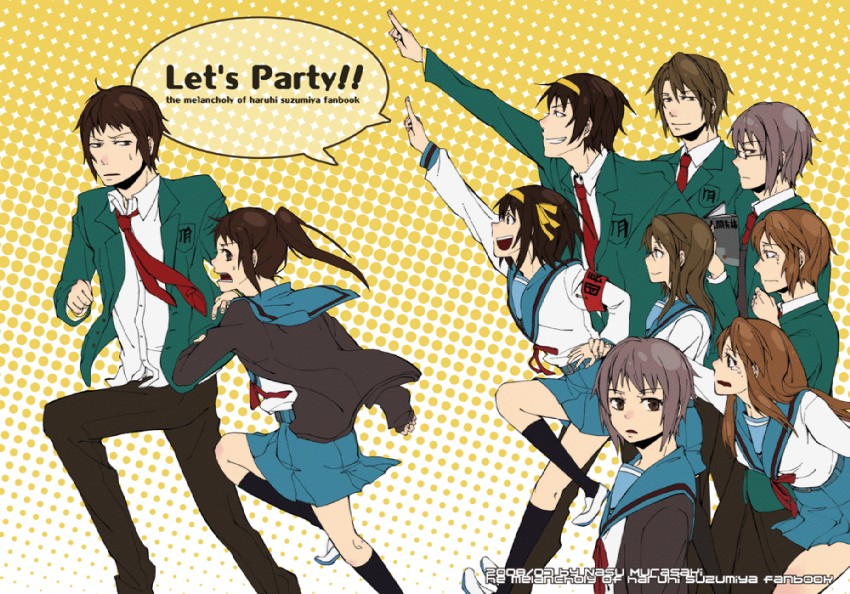 suzumiya haruhi, nagato yuki, asahina mikuru, kyon, kyonko, and 4 more (suzumiya haruhi no yuuutsu and 1 more) drawn by murasaki_nasu
