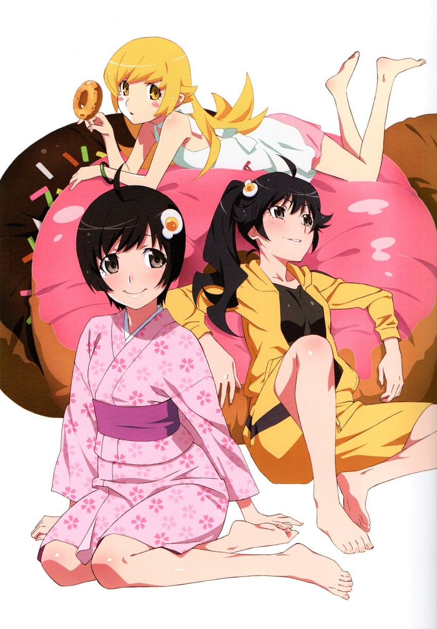 oshino shinobu, araragi karen, and araragi tsukihi (monogatari) drawn by watanabe_akio