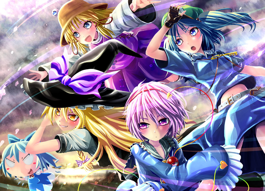 kirisame marisa, cirno, komeiji satori, moriya suwako, and kawashiro nitori (touhou) drawn by kabutoyama
