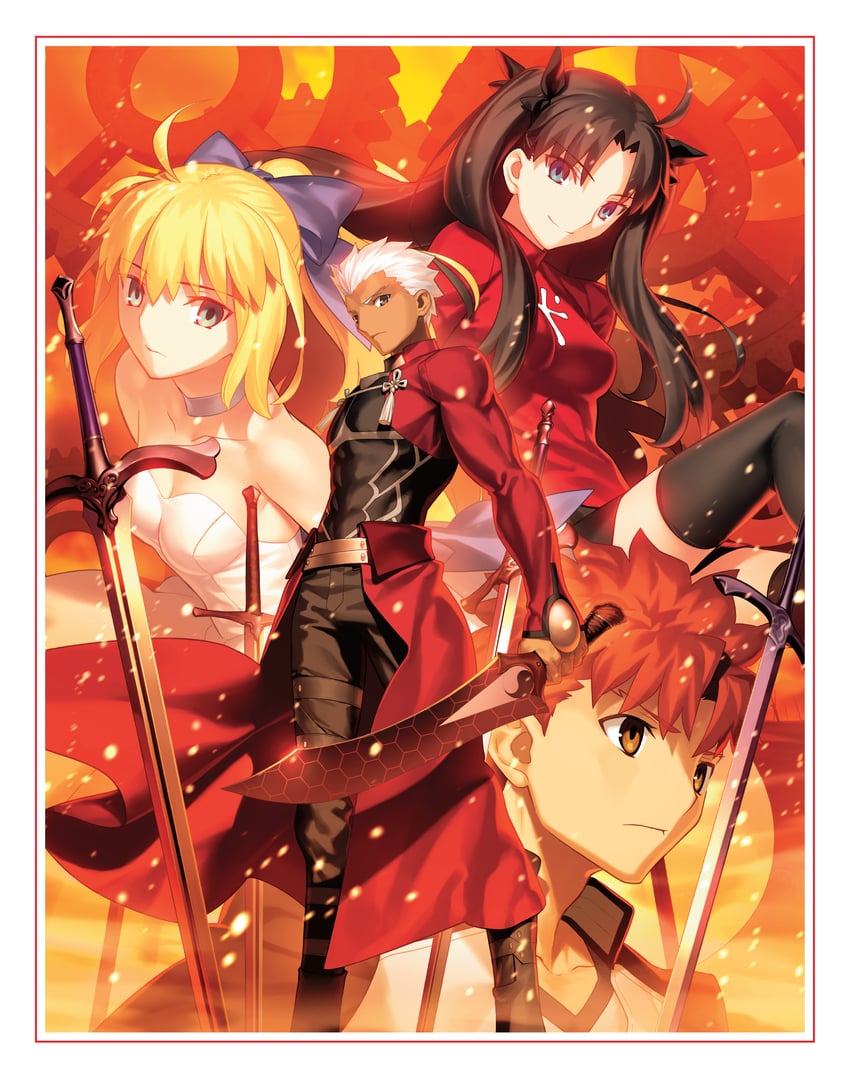 artoria pendragon, saber, tohsaka rin, emiya shirou, and archer (fate and 2 more) drawn by takeuchi_takashi