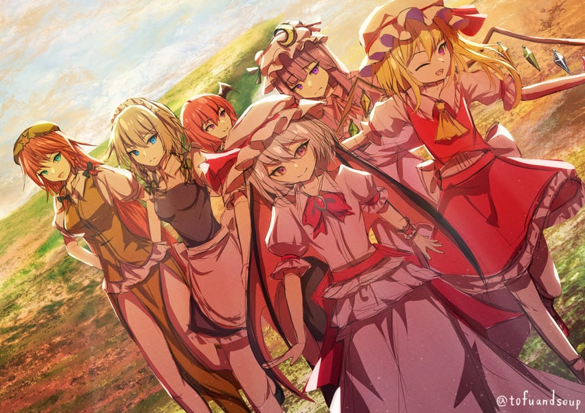 remilia scarlet, flandre scarlet, izayoi sakuya, patchouli knowledge, hong meiling, and 1 more (touhou and 1 more) drawn by tofuandsoup
