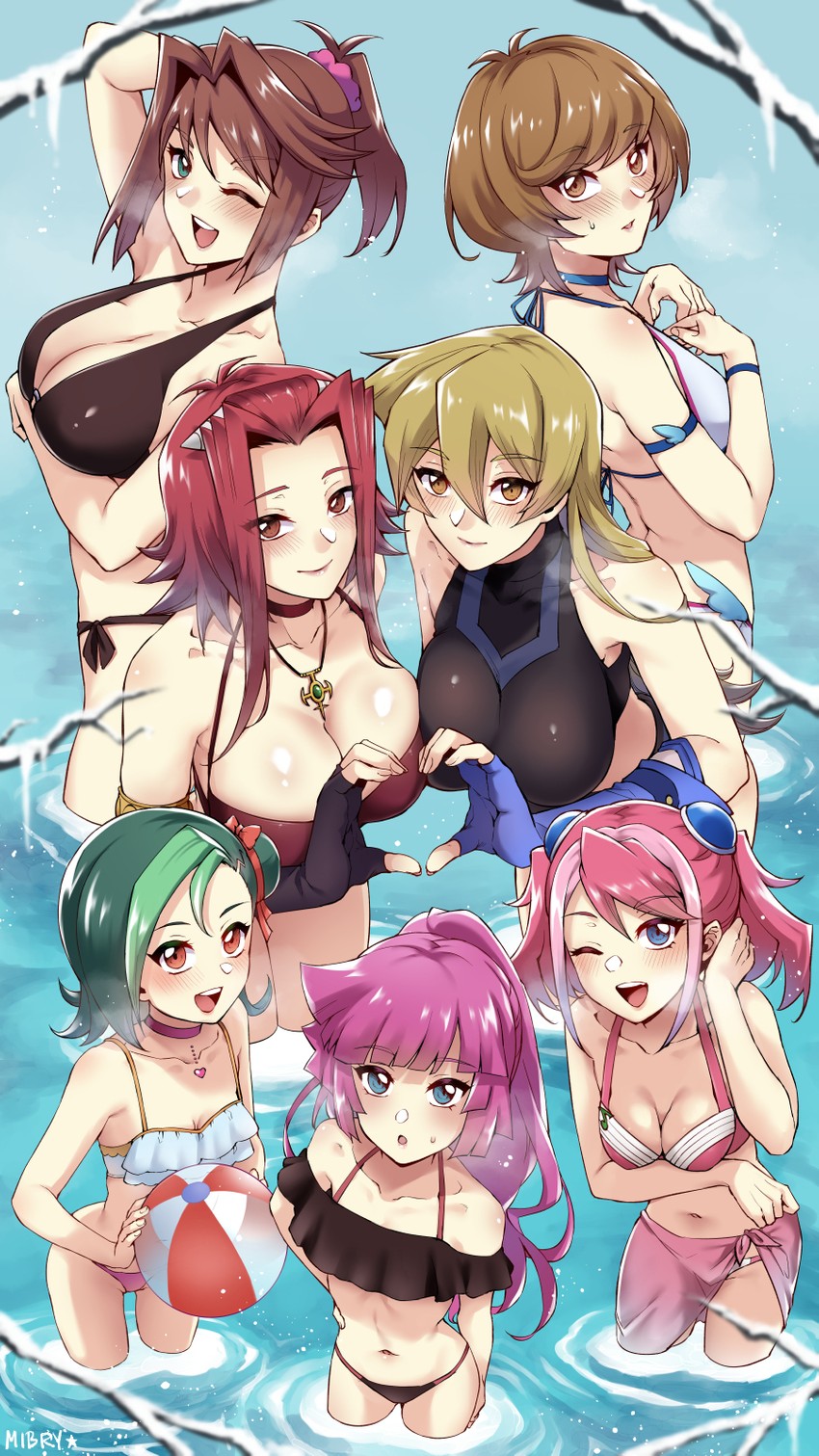 tenjouin asuka, izayoi aki, hiiragi yuzu, mazaki anzu, zaizen aoi, and 2 more (yu-gi-oh! and 7 more) drawn by mibry_(phrysm)