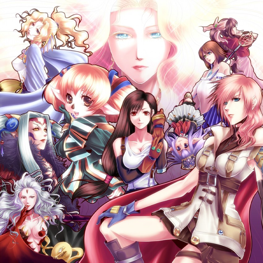 tifa lockhart, aerith gainsborough, terra branford, yuna, lightning farron, and 5 more (final fantasy and 9 more) drawn by chona