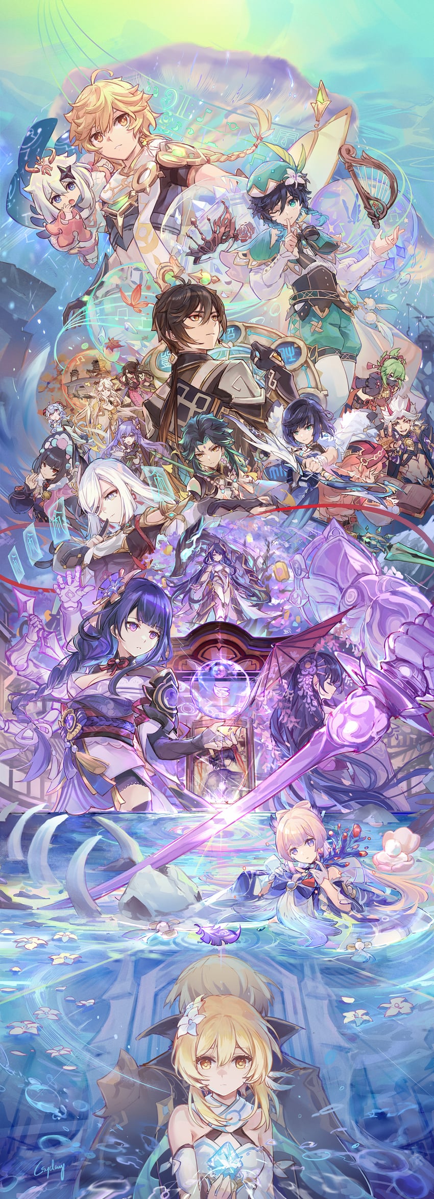 ganyu, lumine, raiden shogun, scaramouche, aether, and 18 more (genshin impact) drawn by csyday