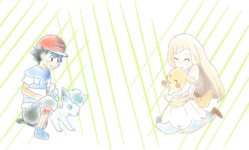 pikachu, lillie, ash ketchum, and alolan vulpix (pokemon and 1 more)