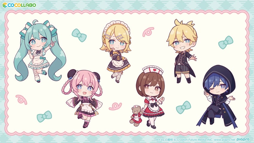hatsune miku, kagamine rin, kagamine len, megurine luka, kaito, and 1 more (vocaloid) drawn by shiromikan