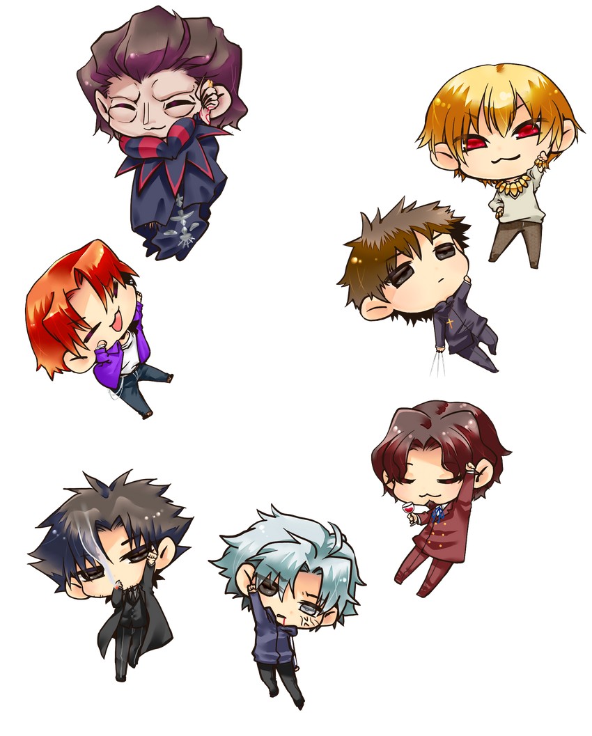 kotomine kirei, emiya kiritsugu, matou kariya, gilles de rais, tohsaka tokiomi, and 2 more (fate and 1 more) drawn by shioaji_ataru