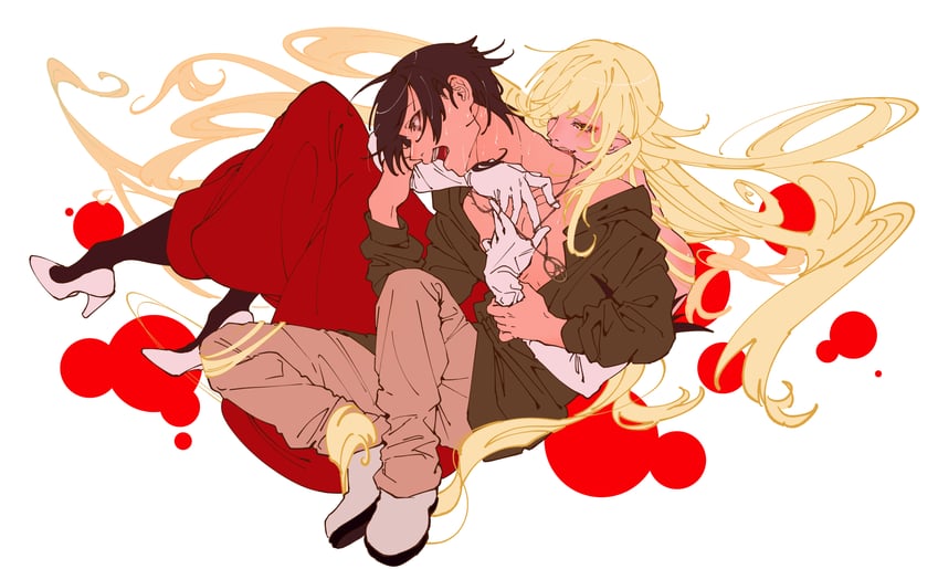 oshino shinobu, araragi koyomi, and kiss-shot acerola-orion heart-under-blade (monogatari and 1 more) drawn by syake_zame