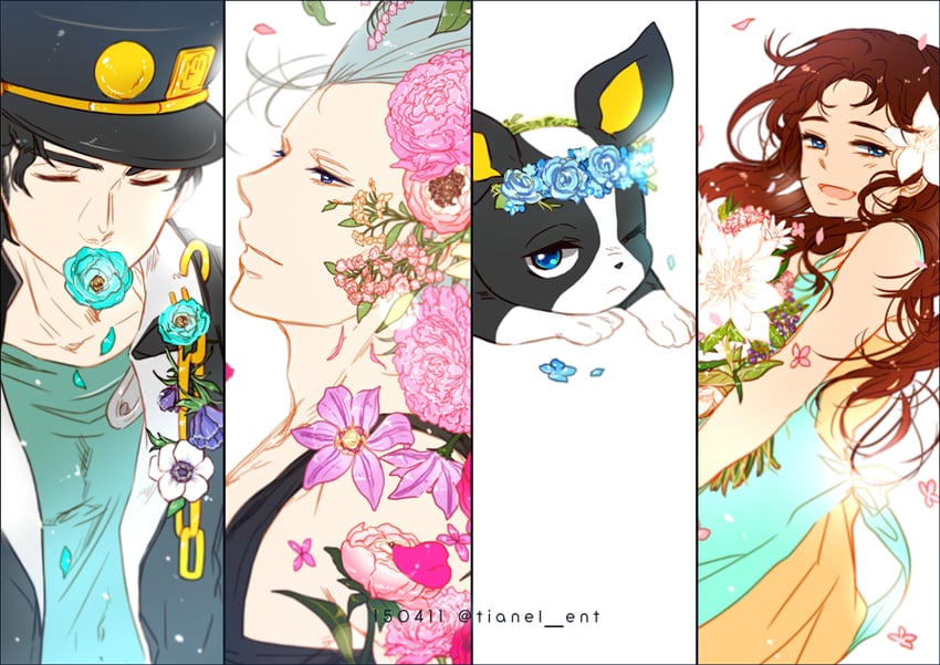 kujo jotaro, jean pierre polnareff, iggy, and sherry polnareff (jojo no kimyou na bouken and 1 more) drawn by tianel_ent