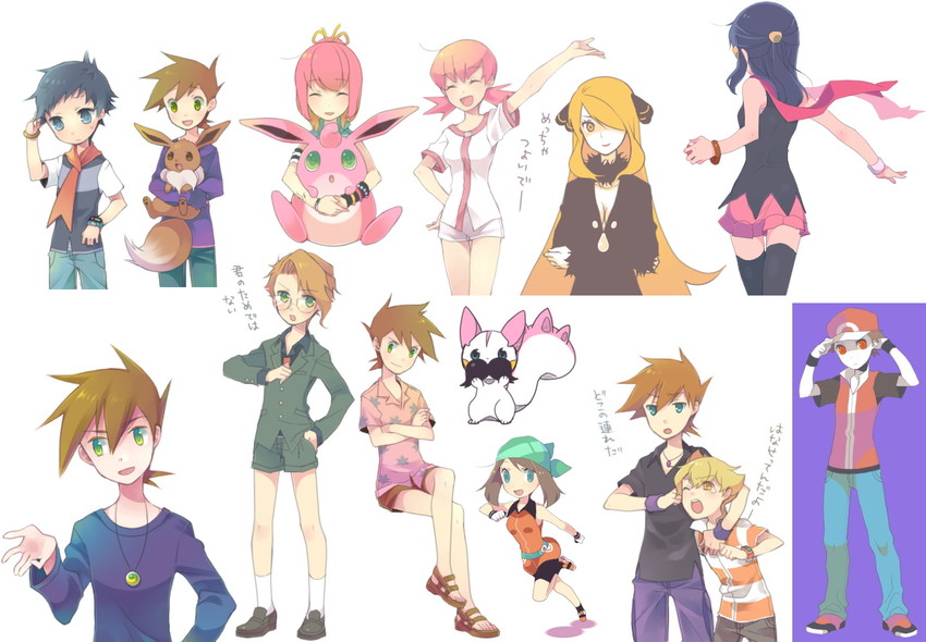 dawn, may, cynthia, red, eevee, and 7 more (pokemon and 6 more) drawn by kokemomo_sayakusa