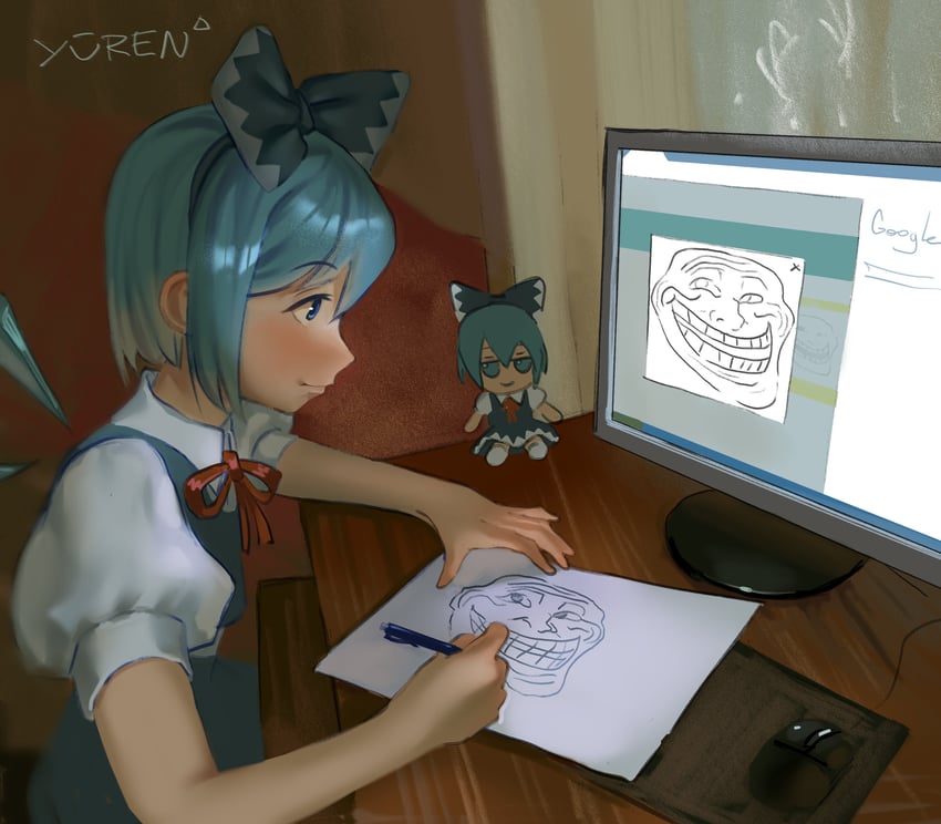 cirno and trollface (touhou and 3 more) drawn by yuuren_kyouko
