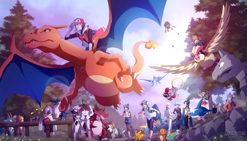 pikachu, red, blue oak, charizard, leaf, and 30 more (pokemon and 6 more) drawn by rucyna