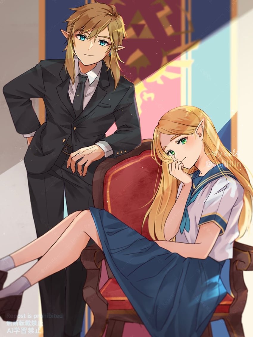 link and princess zelda (the legend of zelda and 1 more) drawn by seri_(yuukasakura)