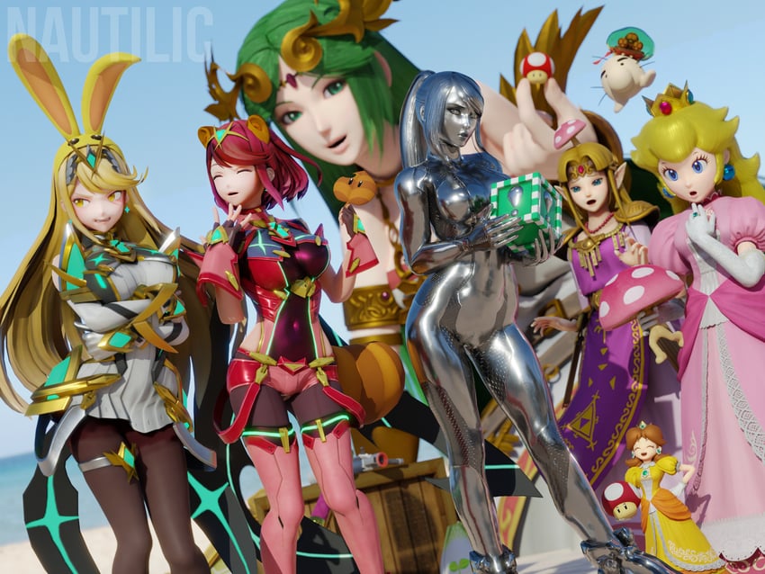 princess zelda, pyra, princess peach, samus aran, princess daisy, and 6 more (the legend of zelda and 9 more) drawn by nautilic