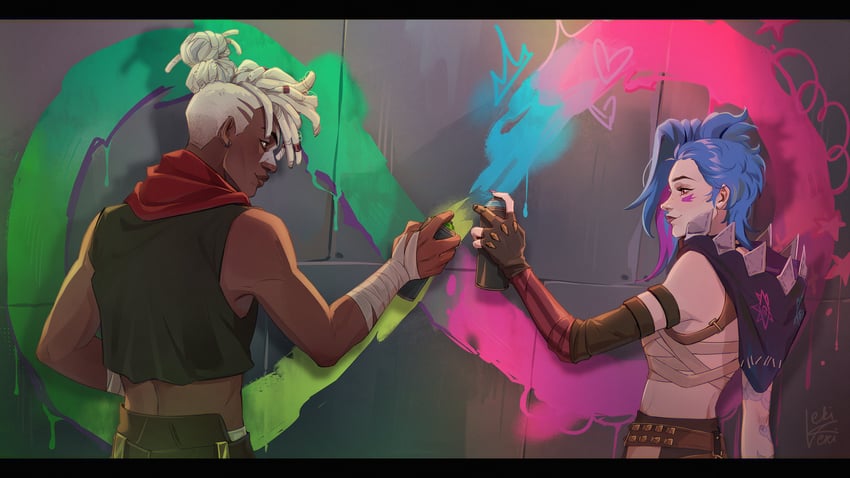 jinx, arcane jinx, ekko, and arcane fractured jinx (league of legends and 1 more) drawn by ekikeki