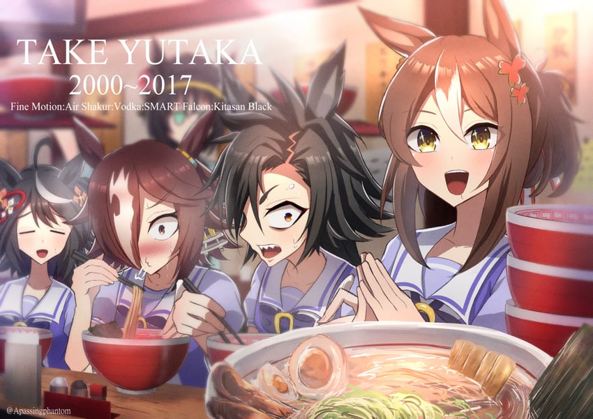 kitasan black, vodka, fine motion, and air shakur (umamusume) drawn by a_passing_phantom