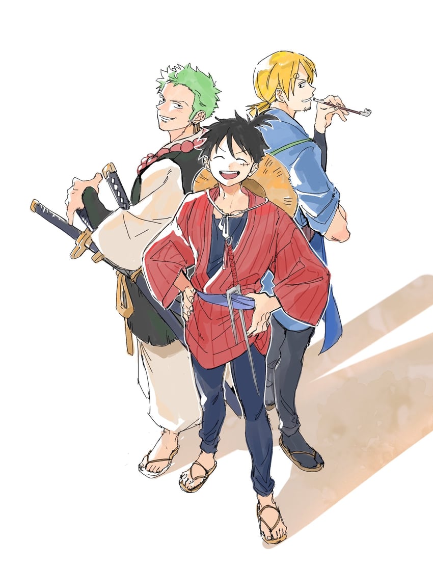 monkey d. luffy, roronoa zoro, and sanji (one piece) drawn by drmomo0