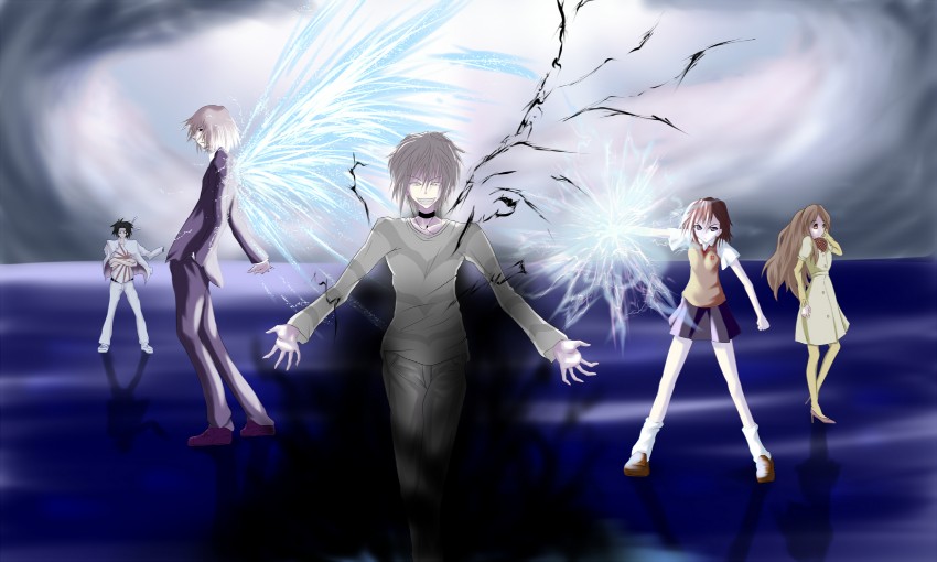 misaka mikoto, accelerator, mugino shizuri, kakine teitoku, and sogiita gunha (toaru majutsu no index) drawn by bloody_moon