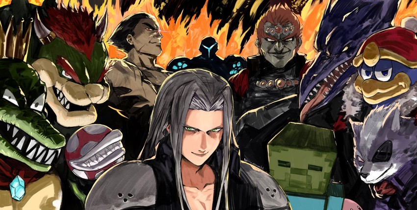 sephiroth, bowser, ganondorf, king dedede, piranha plant, and 6 more (final fantasy and 14 more) drawn by yourfreakyneighbourh